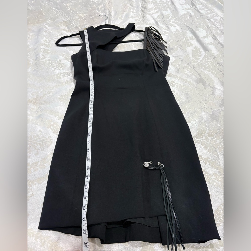 Versus Versace Black Dress with leather Fringe on shoulder and Versace 🧷